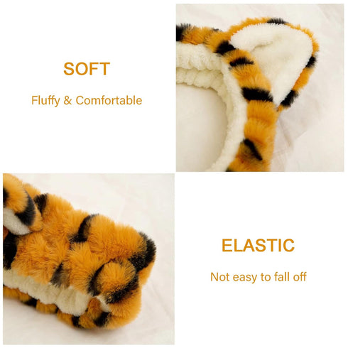 2 PCS Women Animal Ear Tiger Print Fuzzy Hairband Makeup Headband Elastic Stretch Head Wrap for Skincare Spa...
