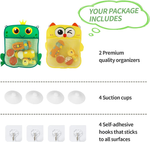 2 Pack Mesh Bathtub Toy Holder, Cute Bathtub Toy Organizer and Bath/Shower Caddy Solution for Kids & Bath Toys for Toddlers 1-3, Owl & Frog Extra ...