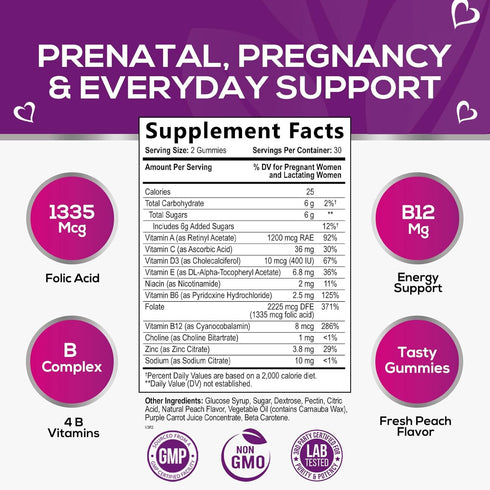 Prenatal Gummy Vitamins for Women, Prenatal Multivitamin with Folic Acid for Fetal Support, Vitamin A, C, D3, B12 & B6, Nature's Pregnancy Vitamin...