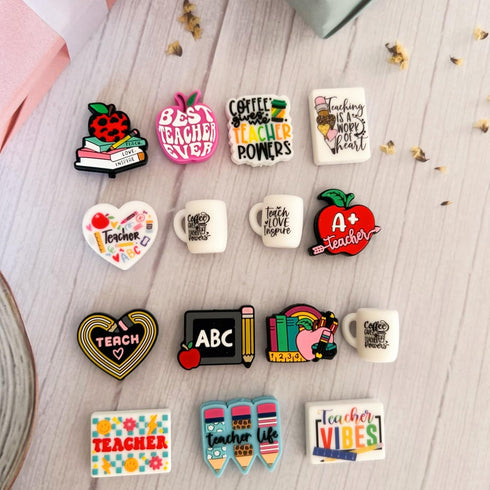 KnvsS School Teacher Themed Silicone Focal Beads Rubber Beads Kit Bulk for Beadable Pens Keychain Jewelry Making DIY Keychain Supplies Focal Pen B...