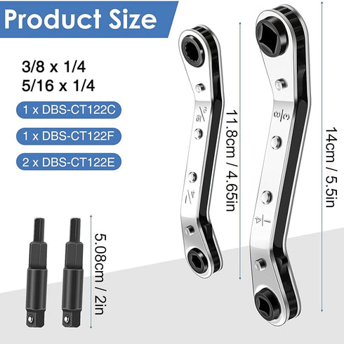 HVAC Service Wrench, 3/8” 1/4” 5/16” Refrigeration Service Wrench Set Air Conditioner Valve Ratchet Wrench with 2 Bit Adapter for Equipment Repair...