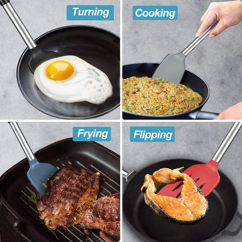 2 Pack Spatulas, Solid & Slotted Silicone Spatula Set, Stainless Steel Handle Coated with Silicone, Non Stick, Heat Resistant Rubber Flipper for F...