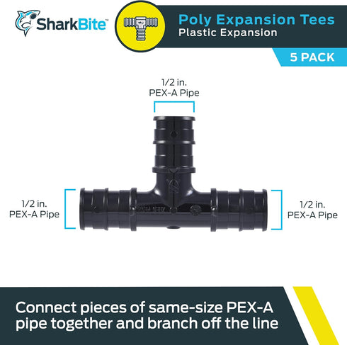 SharkBite 1/2 Inch Poly Expansion Tee for PEX-A Pipe, Pack of 5, Plastic Plumbing Fittings, Tee Coupling for PEX-A Tubing, UA362A5...