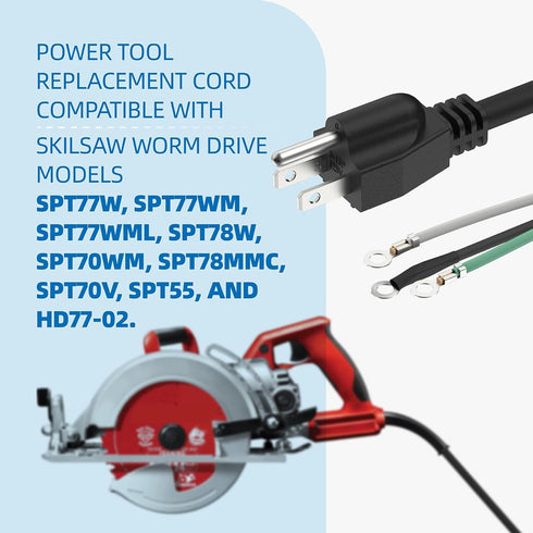 95104L Circular Saw Replacement Cord Assembly - Heavy Gauge Power Cord for SKIL SAW SPT77W, SPT77WM, SPT77WML, SPT78W, SPT70WM, SPT78MMC, SPT70V, ...