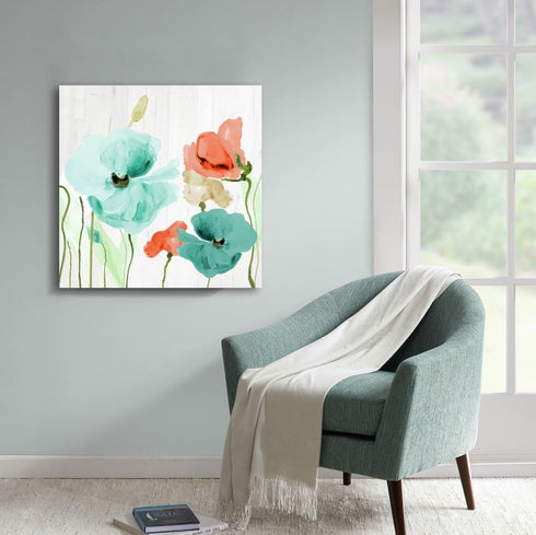 Genius Decor - Teal and Coral Flowers Floral Canvas Wall Art Decor (Teal Coral, 16x16inch)...