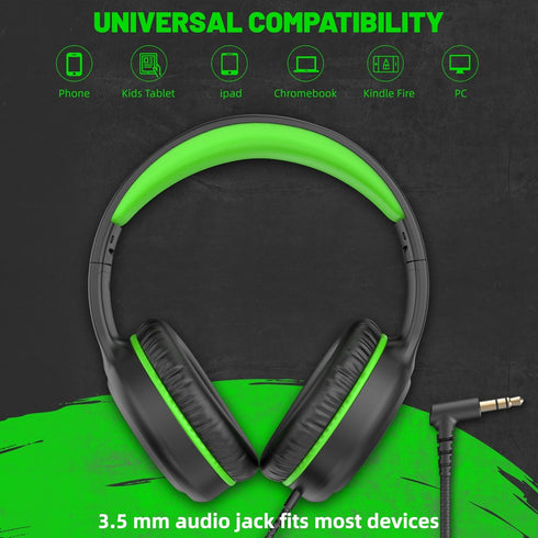 Green Wired Headphones for Boys Portable On Ear Youth Headphones for School Airplane Travel Lightweight Portable Compatible with Pad Computer Lapt...