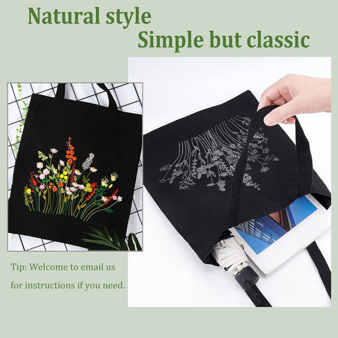 WADORN DIY Canvas Tote Bag Embroidery Kit, Black Canvas Bag Flower Cross Stitch Kit with Pattern and Instruction Personalized Bag Funny Hand Needl...