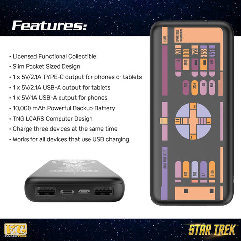 Star Trek Phone Charger | Slim Pocket Sized 10,000mAh Power Bank with TNG LCARS Design, 3 USB Outputs, 2.1A & 1A, Charges Three Devices, USB-A and...