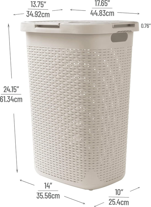 Mind Reader Slim Laundry Hamper with Lid, 60L Clothes Basket, Wicker Design, Plastic, 17.65"L x 13.75"W x 24.15"H, Ivory...