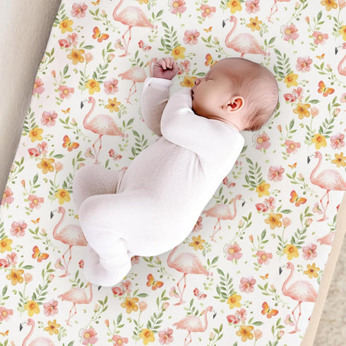 Flamingos Butterflies Flowers Changing Pad Cover, Flowers Floral Birds Prints Baby Nursery Diaper Changing Table Pad Cover, Unisex Flamingos Patte...
