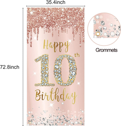 Happy 10th Birthday Door Banner Backdrop Decorations, Pink Rose Gold 10 Year Old Birthday Party Door Cover Sign Supplies, Large Ten Birthday Poste...