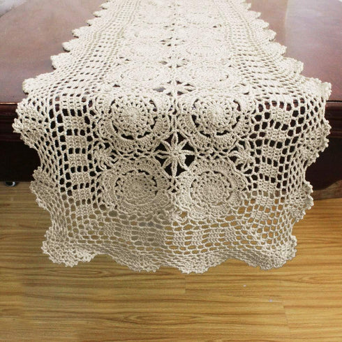 KEPSWET Cotton Handmade Crochet Lace Table Runner Beige Rectangle Coffee Table Dresser Decor (14x72 inch)...