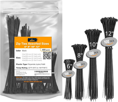 ALBO Black Zip Ties Assorted Sizes 400 Pack Plastic Cable Ties 6+8+10+12 inch Wire Tie UV Resistant Nylon Tie Wraps Assorted Sizes...