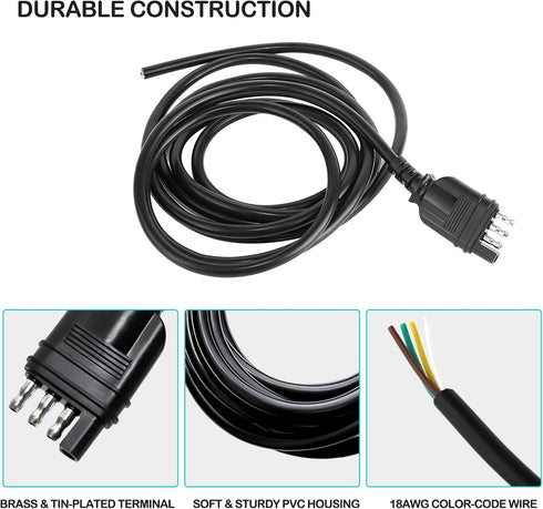 4 Way Trailer End Connector Wire 10 Feet Jacketed Cable, Heavy Duty 18AWG 4 Pin Trailer Light Plug Color-Coded Pure Copper, Trailer-Side Male End ...