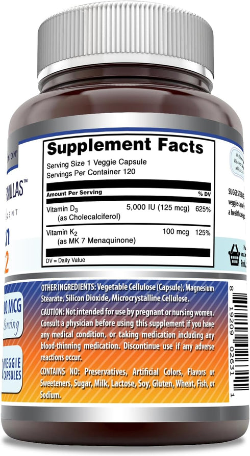 Amazing Formulas Vitamin D3 5000 IU with Vitamin K2 100 Mcg | 120 Veggie Capsules Supplement | Non-GMO | Gluten Free | Made in USA...