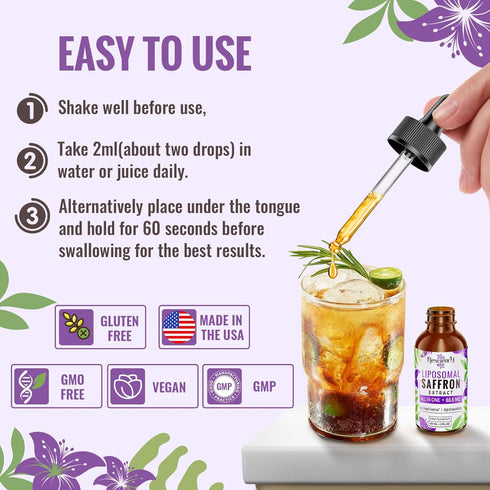 Saffron Supplements - 88.5 mg Liposomal Saffron Extract Drops Better Bioavailability for Mood, Energy, Vision & Focus with Ashwagandha, Turmeric, ...