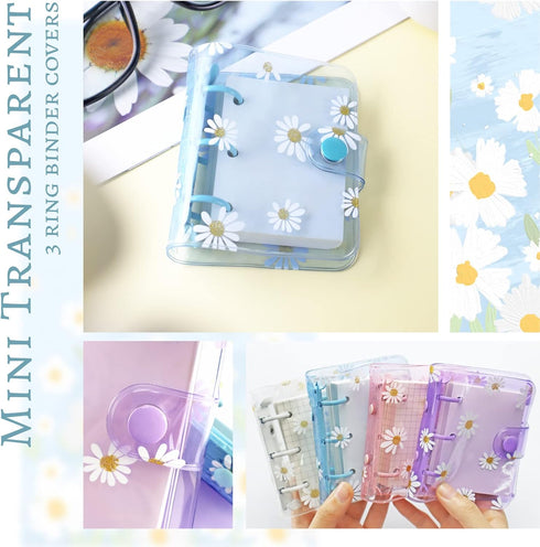 4 Sets Mini Transparent 3 Ring Binder Covers with Daisy Pattern Binder Inner Paper and Pockets Clear Soft PVC Notebook Loose Leaf Binder with Snap...