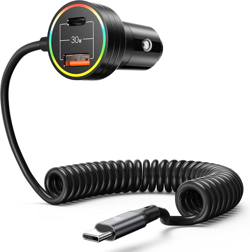 USB C Car Charger, 60W Super Fast Car Charger PD & QC 3.0 with 30W Type C Coiled Cable, Car Phone Charger for iPhone 15 Series/Samsung Galaxy S23-...