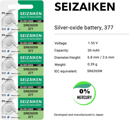 377 SR626SW 1.55V 0% Hg Silver Oxide Watch Battery (5 Batteries) Made in Japan by Seiko...