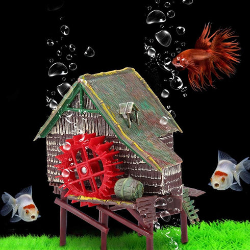 DAUERHAFT Aquarium Windmill, Aquarium Decorations Big Water Wheel Landscaping Pneumatic Aerated Waterwheel Hut Resin for Fish Tank Landscaping Dec...