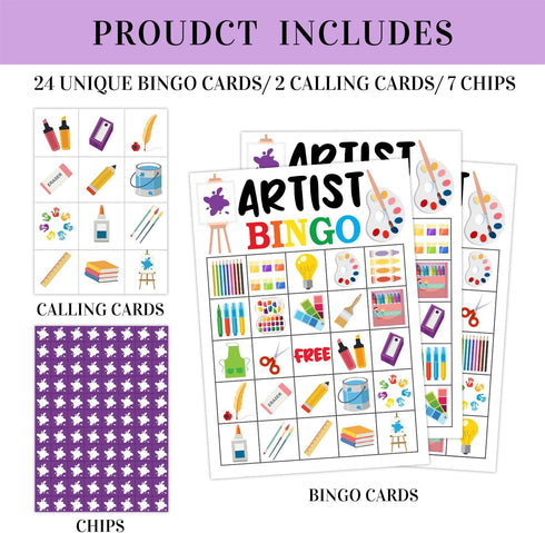 Artist Party Bingo Game, 24 Player Art Bingo Cards Set for Family Friend Activity, Painting Party Favor Decoration Holiday Supplies -a03...