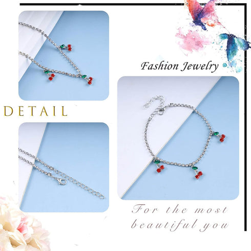 Tennis Ankle Bracelet Gold Rhinestone Chain Tennis Anklet Dainty Crystal Cherry Ankle Chain Boho Diamond Fruit Pendant Anklet Beach Wedding Foot J...