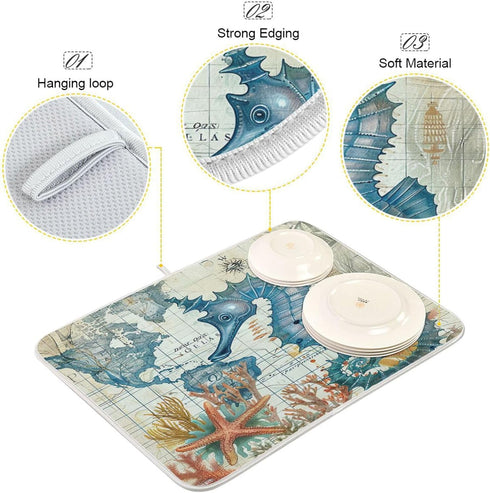 Nautical Ocean Seahorse Dish Drying Mat for Kitchen Counter 16x18 in Retro Map Microfiber Drying Mats Absorbent Reversible Dish Pad Medium Dish Dr...