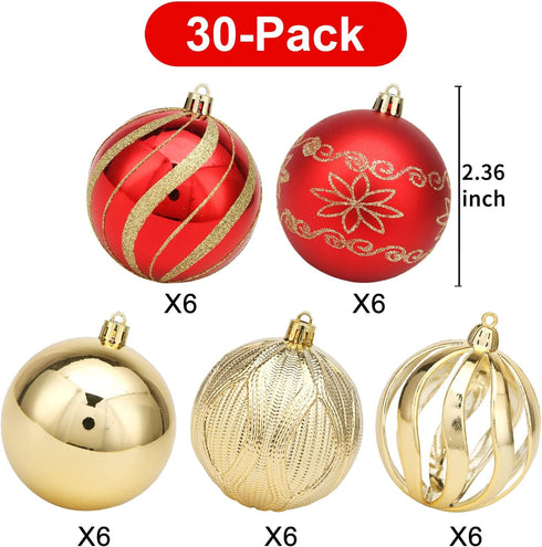 Christmas Ball Ornaments, 30 pcs 2.36" Shatterproof Baubles Set Red and Gold for Xmas Tree Decorations, Hanging Ornaments for Wedding Party...