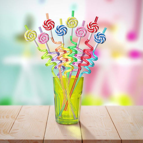 Candyland Party Supplies Drinking Plastic Straws Reusable 24 for Kids Sweet Candy Lollipop Birthday Party Favors with 2 Cleaning brush...