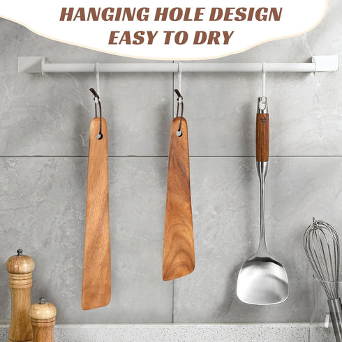 FJNATINH 12"+10" Teak Wood Spatula for Cast Iron, Small Wood Flipper, Egg Scraper, Flat Wooden Turner Wood Cooking Utensil, Spatulas Perfect for F...