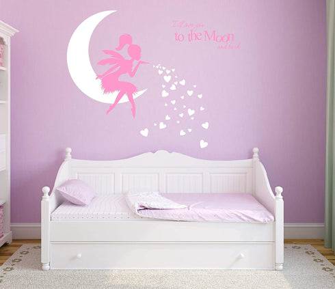 Fairy Wall Decal, I Love You to The Moon and Back, Fairy Wall Sticker for Girl, Kids Bedroom Wall Decals, Nursery Decor(A19) (Soft Pink,White)...