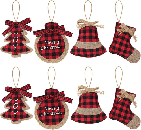 Ivenf Christmas Decorations Indoor Tree Ornaments, 8pcs Red Black Buffalo Plaid Burlap Farmhouse Xmas Ornaments, Tree Ball Bell Stocking Shaped Ru...
