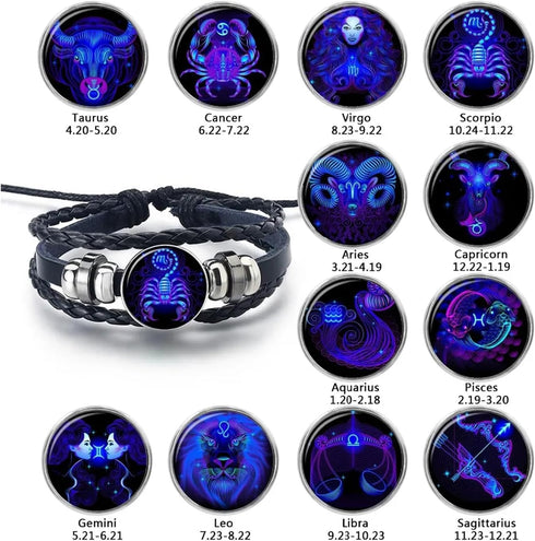 Vintage Zodiac Constellation Bracelets Zodiac Guardian Bracelet Black Leather Bracelet Adjustable Handmade Woven Bracelet Birthday Jewelry for Wom...