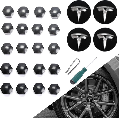 ROCCS Compatible with Model 3 S X Set Aero Wheel Cap Kit, Center Logo Emblem Modification Hub Cover with Cap Lug Nut Cover, Silver...
