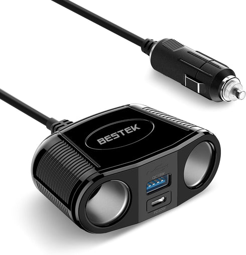 BESTEK Cigarette Lighter Splitter Adapter - 150W Car Charger Adapter with 2-Socket Dual 12v Splitter QC3.0 DC Cigarette Outlet and USB-C PD30W Car...