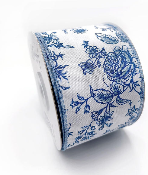 Designer’s Shop WR 63-5156 Blue Rose Floral on Cream Wired Edge Ribbon 2.5” x 10 Yard for DIY Crafting, Home Décor...