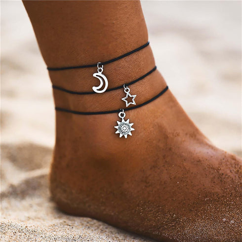 Boho Layered Crescent Moon Anklet Vintage Moon Star Dangle Anklet Bracelet Black Wax Rope Anklet Silver Sun Ankle Summer Foot Chain Set Jewelry fo...