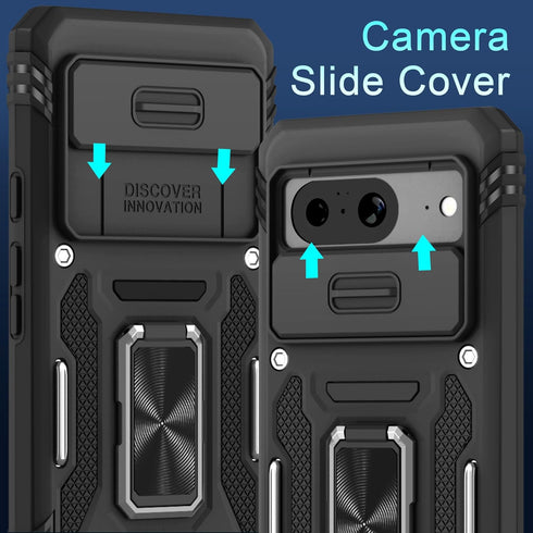 DEERLAMN for Google Pixel 8 Case with Slide Camera Cover+Screen Protector (1 Pack), Rotated Ring Kickstand Military Grade Shockproof Heavy Duty Pr...