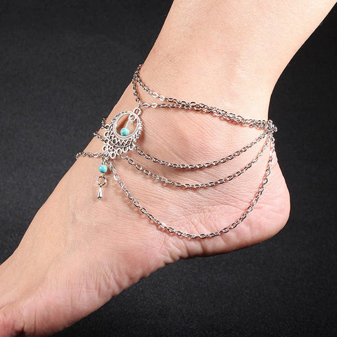 Boho Layered Turquoise Anklet Sexy Multi-layered Tassel Ankle Bracelet Summer Beach Barefoot Sandals Foot Chain Jewelry for Women and Girls...