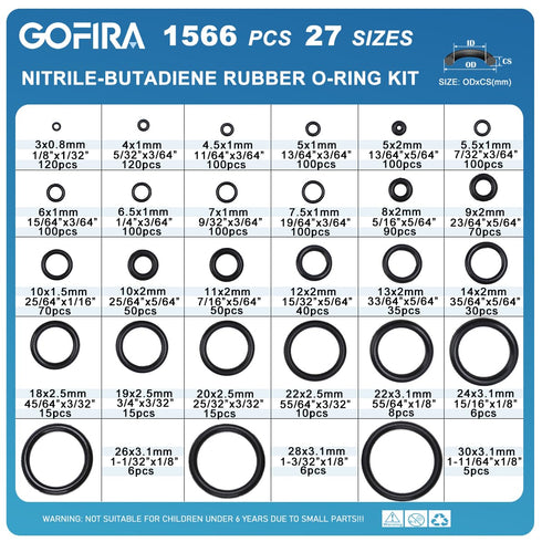 1566Pcs of 27 Varieties of O-Ring Seal Kit in Nitrile Rubber Material for Automotive, Plumbing, Air & Water Fitting Seal Leak Repair...