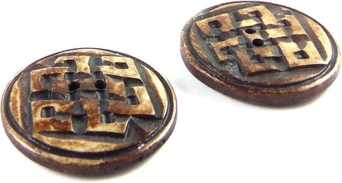 Decorative and Unique Handmade Natural Bone Buttons - Antique Brown - 28mm - Round Aztec Design - 2 pcs/pk. #1943...