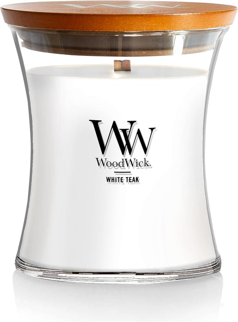 WoodWick Medium Hourglass Candle White Teak - Premium Soy Blend Wax Pluswick Innovation Wood Wick Made in USA...