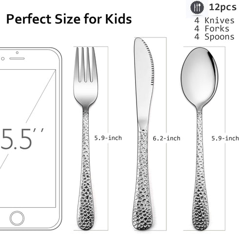 LIANYU 12-Piece Kids Utensils Silverware Set, Stainless Steel Toddler Hammered Flatware Cutlery, Children Tableware Includes Knives Forks Spoons, ...