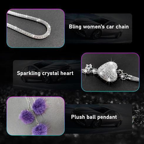 Bling Heart Diamond Car Hanging Accessories, Bling Love Heart and Cute Plush Balls, Crystal Car Rear View Mirror Charms for Women, Lucky Hanging P...