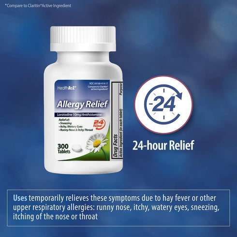 HealthA2Z® Allergy Relief | Loratadine 10mg | Antihistamine | Relief from Itchy Throat, Sneezing, Runny Noses | 24-Hours Allergy Medicine (300 Tab...