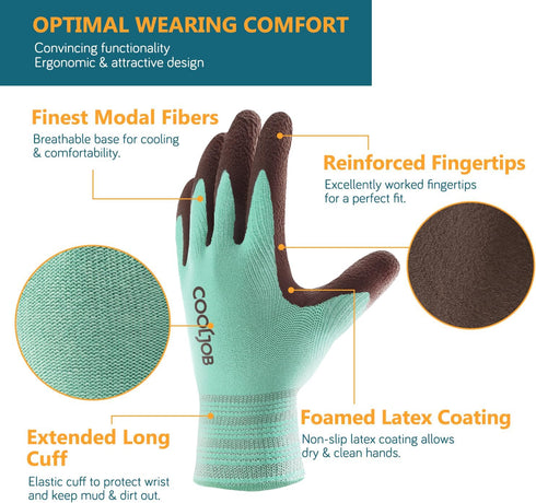 COOLJOB 2 Pairs Breathable Gardening Gloves for Women Medium, Stretch Soft Modal Base with Non-slip Rubber Coating, Palm Dipped Grip Work Gloves f...
