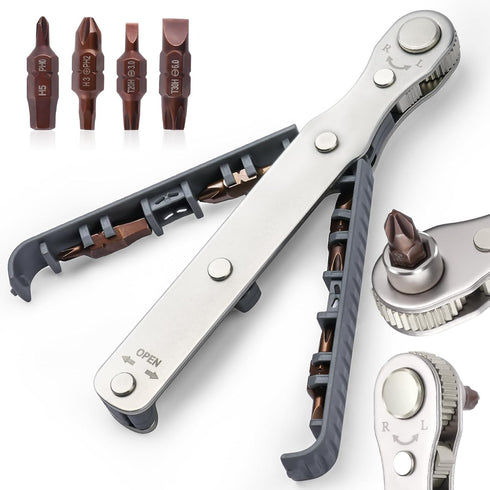 5 Pcs Mini Ratchet Wrench Set, 1/4 Inch Drive, High Torque Offset Reversible Screwdriver, with Phillips, Slotted, Hex, Torx for Tight Spaces...