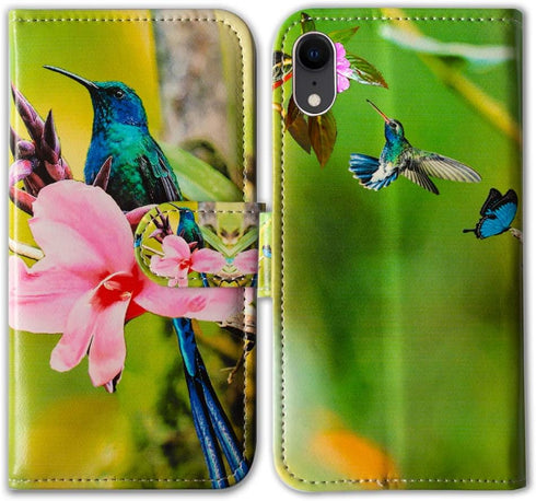 Case for iPhone XR, Hummingbird Pink Flower Leather Flip Wallet Case Phone Cover with Card Slot Holder Kickstand for iPhone XR...