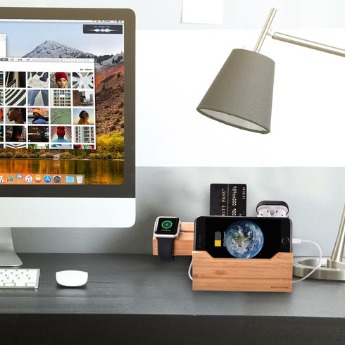 Charging Station for Apple Watches, iPhones, Air Pod Apple Watch Charger Stand Air Pods Charging Dock Bamboo Wood Charging Station with 3 USB Powe...