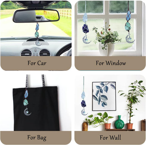 Handmade Crystal Window Car Hanging Ornaments Rear View Mirror Car Decor Raw Stone Healing Crystals Moon and Star Decorative Car Accessories (Cele...